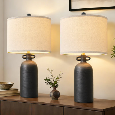 Anazagene 24" H Dimmable Ceramic Table Lamp Set with Linen Drum Shades