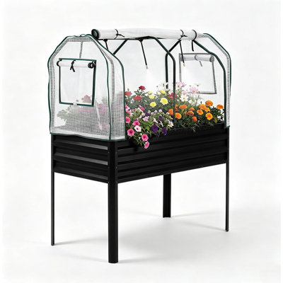 47.2" Elevated Galvanized Raised Garden Bed with Legs, PE Mesh Greenhouse Cover, 3-Nozzle Irrigation System