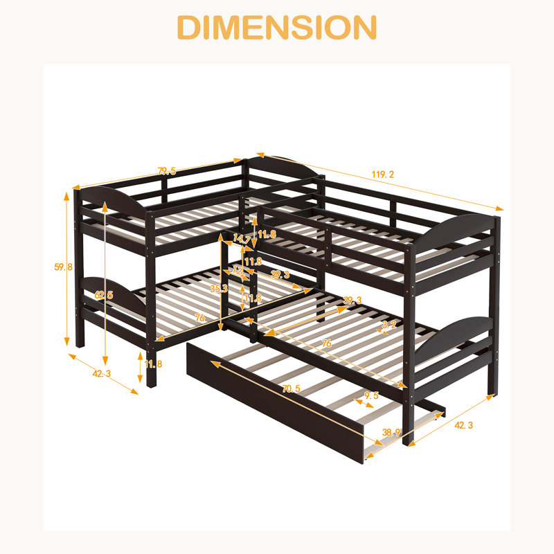 Twin L-Shaped Bunk Bed With Trundle, Espresso