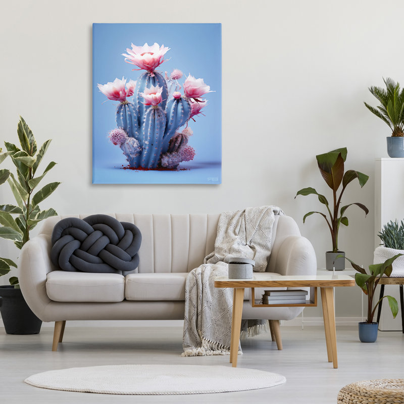 Conception d'art sur toile rose et bleu avec fleurs de cactus par Rb, H 48 po x l 36 po