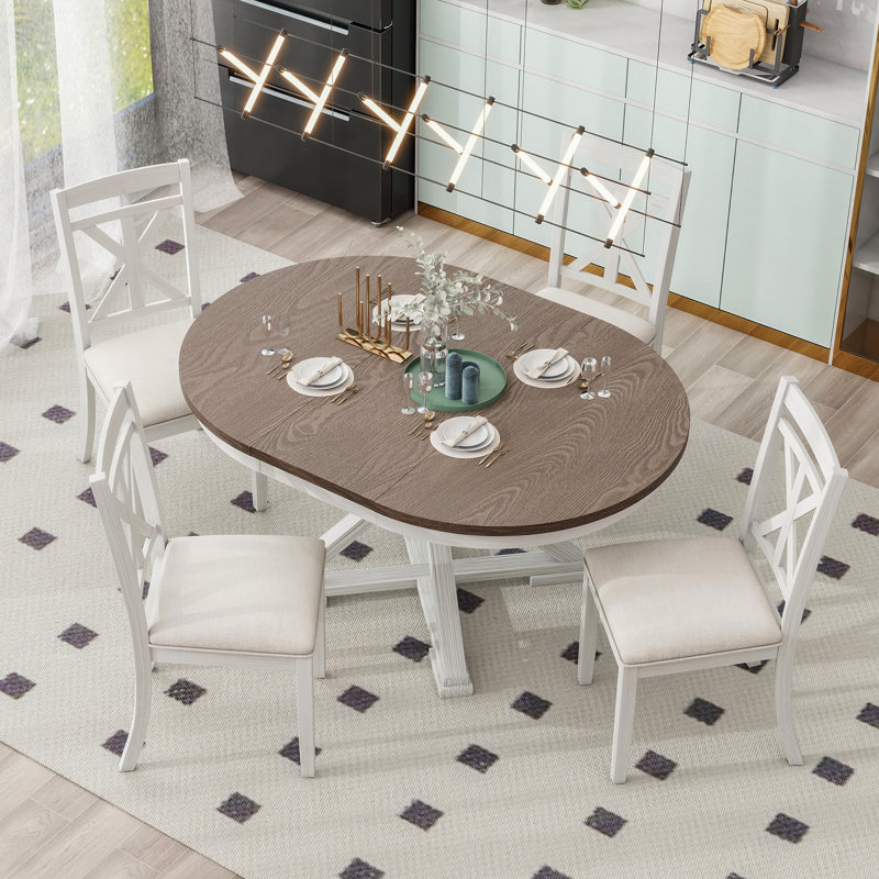 5 - Piece Extendable Dining Set, Round-To-Oval Expansion, Wood, X-Base Pedestal, Modern Farmhouse, Dining Room