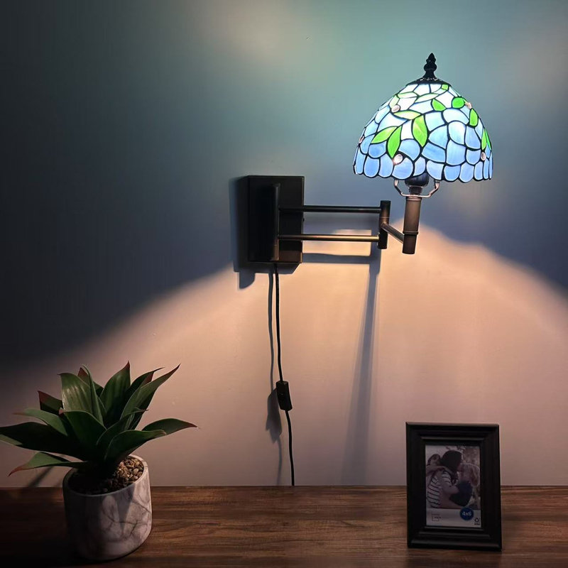 Tiffany Sconce Lamp Plug in Swing Arm Stained Glass Green Leaves LED Bulb Included 13”W*8”D*15”H, Blue