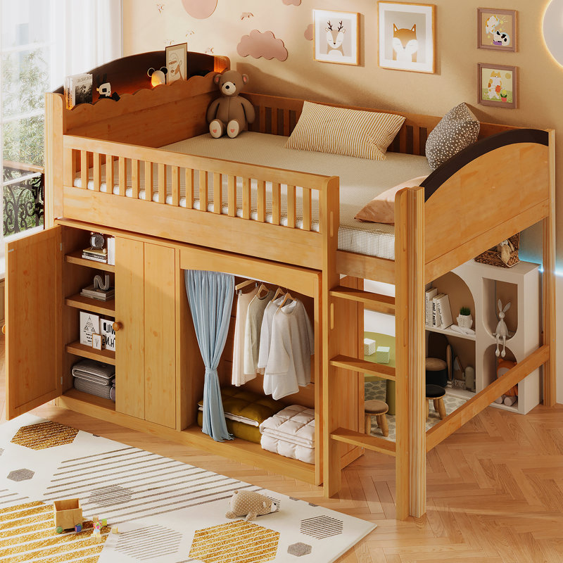 Twin Size Loft Bed With Storage Cabinet, Wardrobe And LED, White And Espresso, Twin, Wood