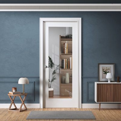 32-in x 80-in Truly Prehung Interior Door 1-Lite Clear Glass Solid Core Left Hand White Primed Paint Ready Fully Assembled with Jambs and Black Hinges for Bedroom Closet Pantry Home Office and Other Interior Spaces