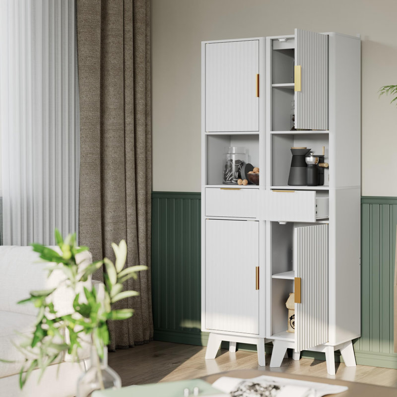67" Tall Kitchen Food Pantry Fluted Narrow Open Storage Cabinet with Drawer and 2 Doors, White