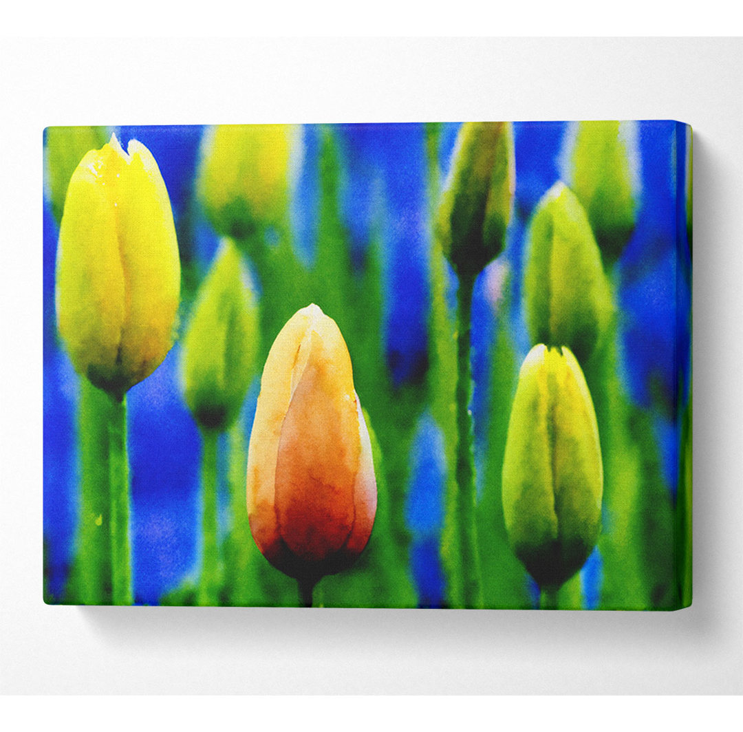 Gelbe Tulpen in einem blauen Feld - Druck