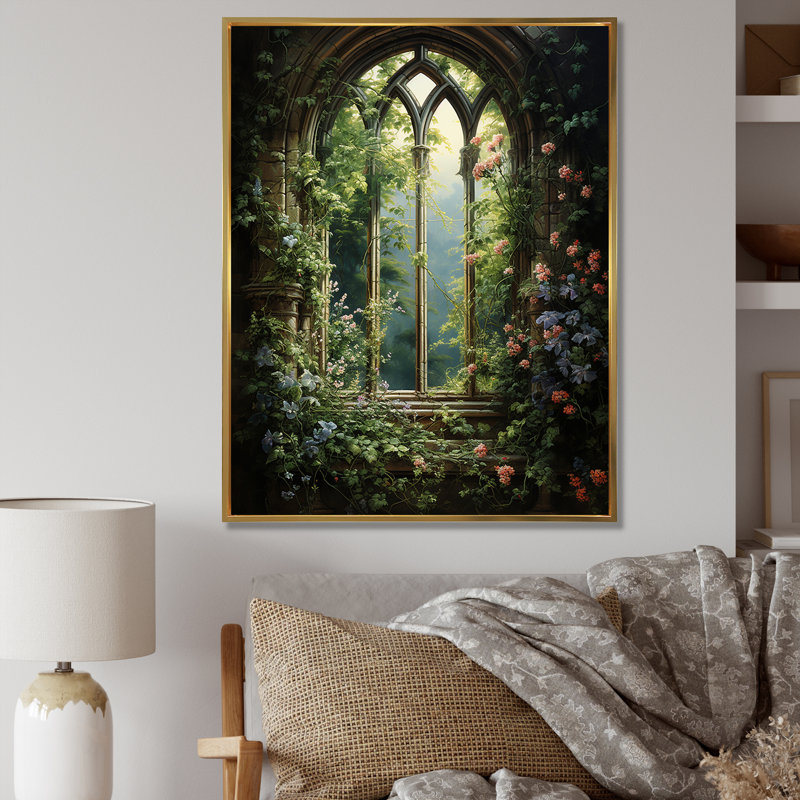 Art floral mural fenêtre gothique floral, Cadre flottant doré, H 32 po x l 24 po x P 1 po
