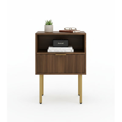 Mid-Century Modern Nightstand, Small Side Table with Storage Drawer & Open Wood Shelf for Bedroom Living Room