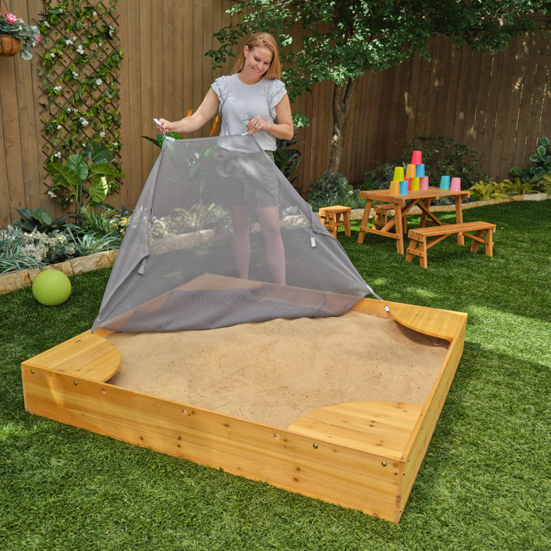 Honey Wood Square Sandbox with Built-in Seating and Mesh Cover