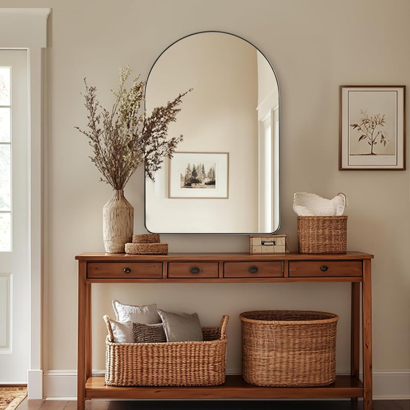 Hafsa Antique Arched Bathroom Vanity Mirror | Stainless Steel Frame, Brushed Nickel, 38" x 24"