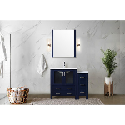 Meuble-lavabo simple bleu marine 42 po Largeur, armoire latérale, plateau en céramique blanche, robinet, fermeture en douceur, 5 tiroirs et rangement intérieur large pour la salle de bain avec surface, robinet, système de fermeture, 1