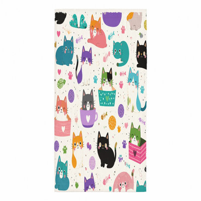 1Pcs Cute Cat Beach Towel, featuring colorful cartoon cats in various playful poses and patterns. Soft absorbent microfiber, perfect for, swimming, travel, unisex.