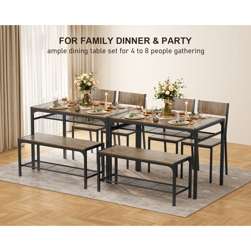 Tamajah 4‑Person Dining Table Set with 2 Chairs and Storage Bench for Small Spaces, Gray