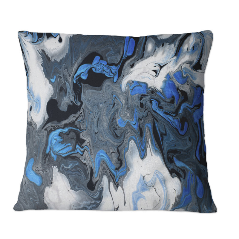 Coussin décoratif bleu avec art moderne sur fond blanc et noir, 16 po x 16 po