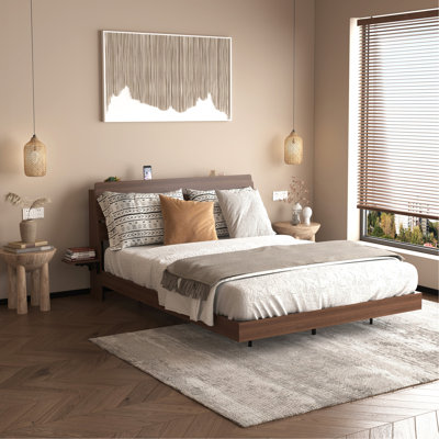 Floating Bed Frame Queen With Led Lights And Charging Station, Wood Queen Size Bed Frame With Storage Headboard, No Box Spring Needed, Easy Assembly,Walnut