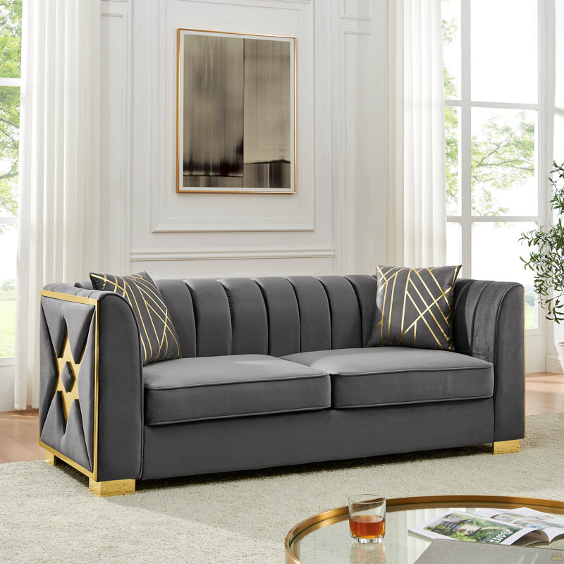 Canapé 81,1 pouces en velours capitonné avec 2 coussins, Gris