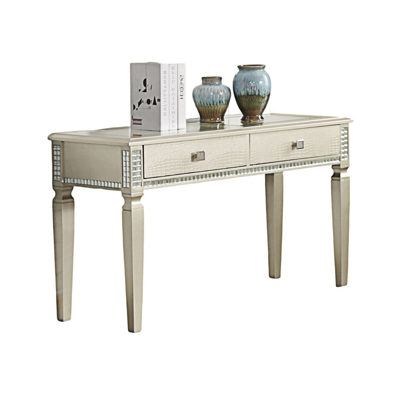 Sleek Silver Glam Sofa Table With Storage Drawers And 5Mm Tempered Glass Top, Perfect For Modern Living Rooms.