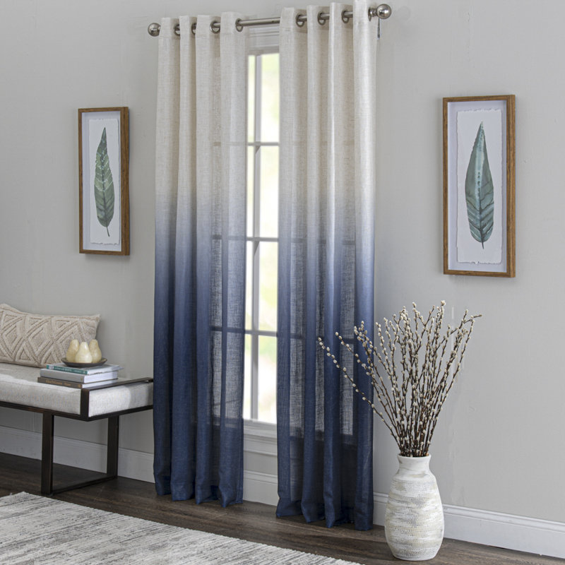 Celestino Polyester / Linen Light-Filtering Ombre Patterned Curtain Panel with Grommet Top , Beige/Navy, 50" W x 84" L