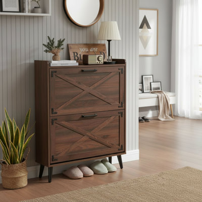 Walnut Wood-Colored Farmhouse-Style Narrow Shoe Cabinet, 2 Flip-Top Drawers + Barn Door, Independently Concealed Design, Suitable For Entryway/Foyer/Hallway.