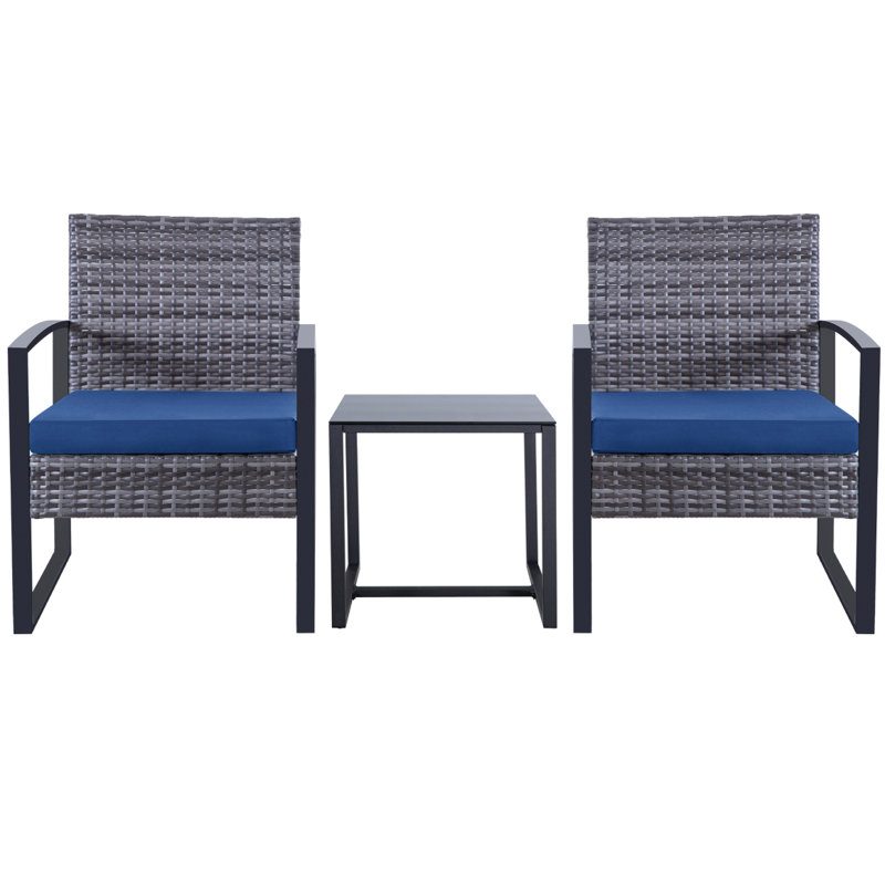 Ensemble de meubles d'extérieur en osier 3 pièces, canapé modulaire en rotin gris avec coussins lavables, Bleu