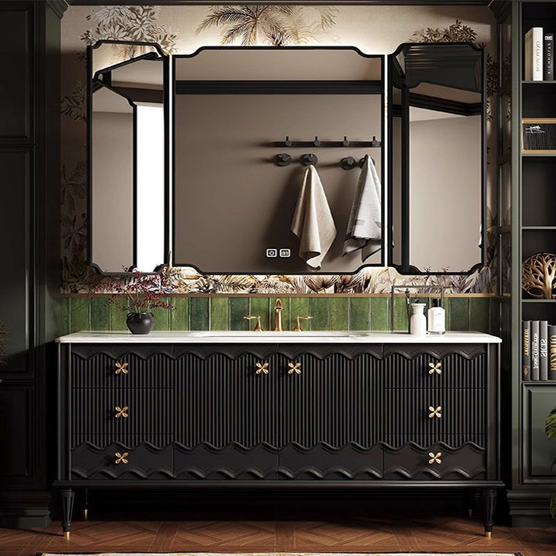 Armoire de salle de bain rétro sur pied, H 33,46 po x l 62,99 po x P 21,65 po, Noir