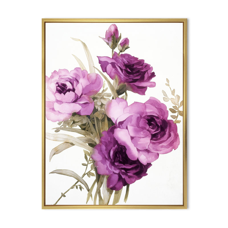 Dark Pink Roses - peinture sur toile, H 32 po x l 24 po x P 1 po, Cadre flottant doré