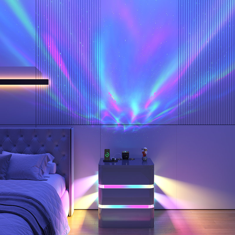 Fully Assembled 3 Drawers Nightstand With Rgb Lights, Starlight Projections, Charging Station And Speaker, Gray