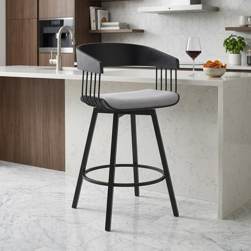 Lynnox Swivel Counter or Bar Height Upholstered Stool with Arms, Counter Stool (27" Seat Height), Black, Grey Tweed