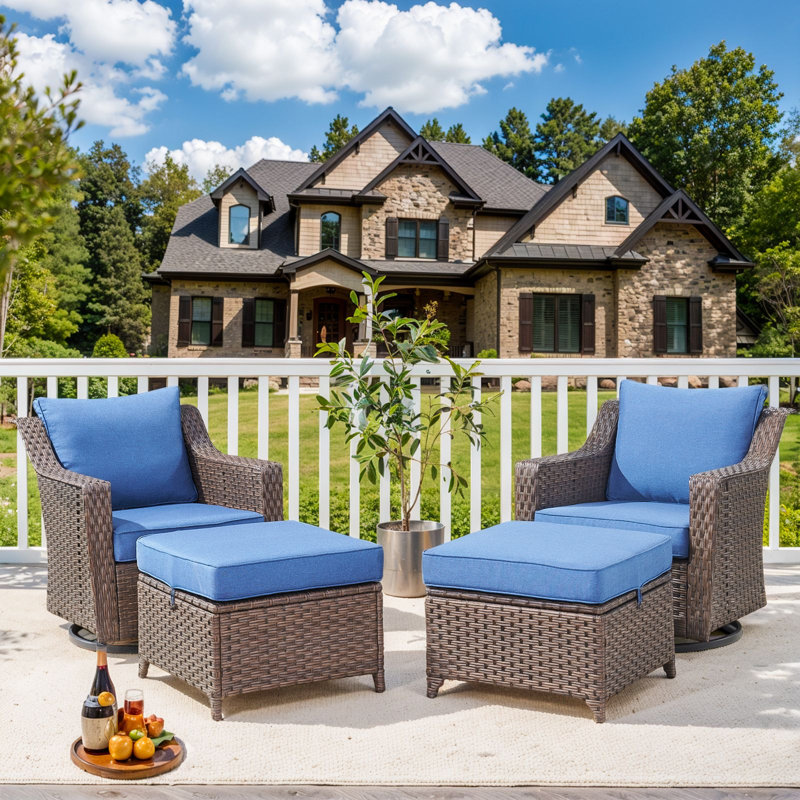 Jenesys Outdoor Swivel Glider Chairs & Ottomans Set - Comfortable, Durable For Patios & Gardens, Blue