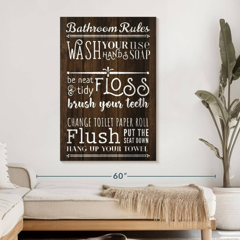 Rustic Bathroom Rules Canvas Print, 48" H x 32" W x 1.25" D
