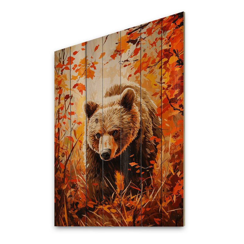 Ours dans la prairie d'automne I - Décoration murale ours en bois - sur bois de pin naturel, H 40 po x l 30 po x P 0,78 po