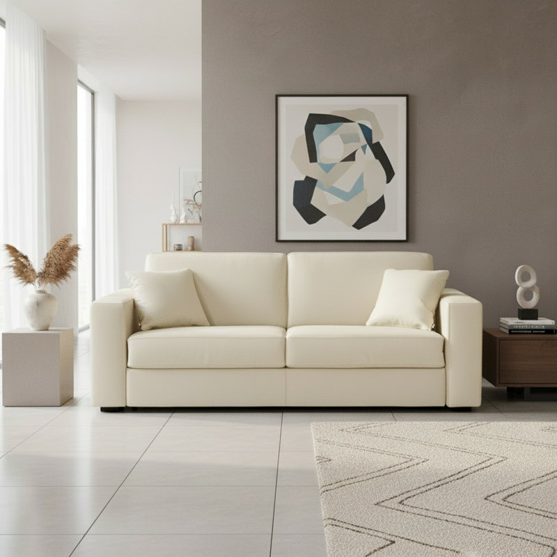 Canapé-lit à accoudoirs larges en cuir véritable à grain large de 85 po avec matelas en mousse à mémoire de forme Cappella