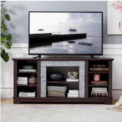 Meuble télé avec entourage en faux pierre, console de divertissement moderne avec espace de rangement ouvert, cerisier, l 58,31 po x P 15,39 po x H 26,06 po