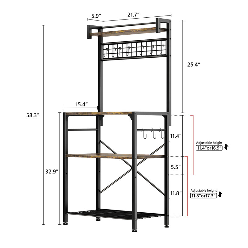 Kuljeet 21.65'' Adjustable Iron Standard Baker's Rack with Microwave Compatibility, 10 Hooks, Brown