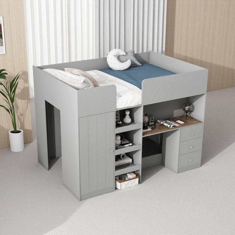 Lit mezzanine double en bois avec garde-robe intégrée, bureau, tablettes de rangement et tiroirs
