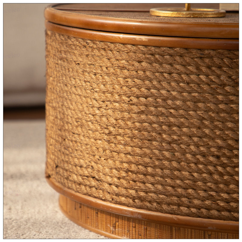 Table basse ronde en rotin avec rangement amovible, garniture en corde de chanvre tissée à la main, style boho-chic, parfaite pour les salons confortables et les espaces compacts