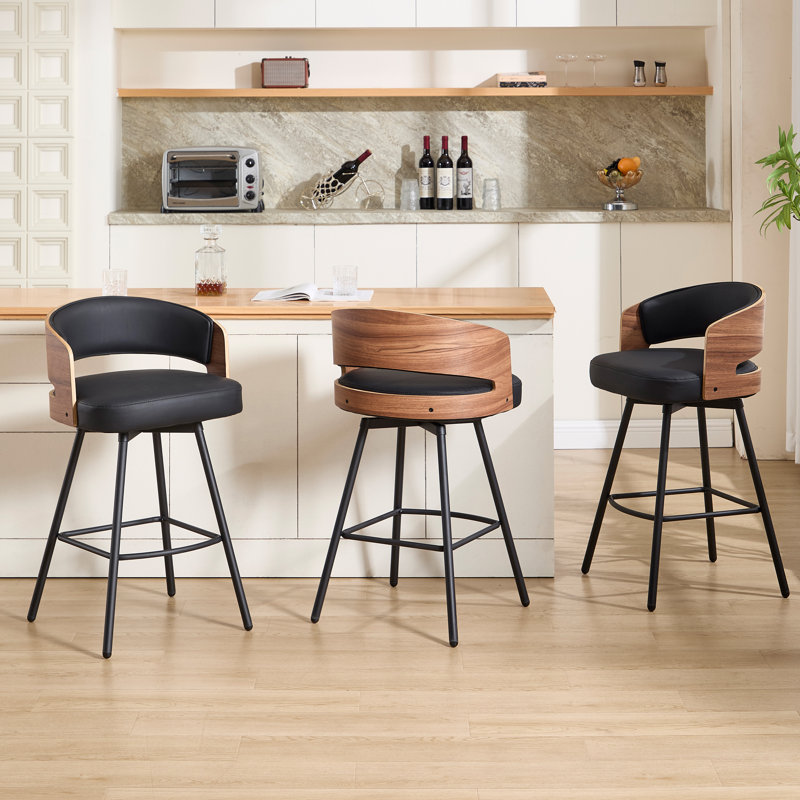 26.77" Swivel Faux Leather Counter Stool with Bentwood Backrest, Black