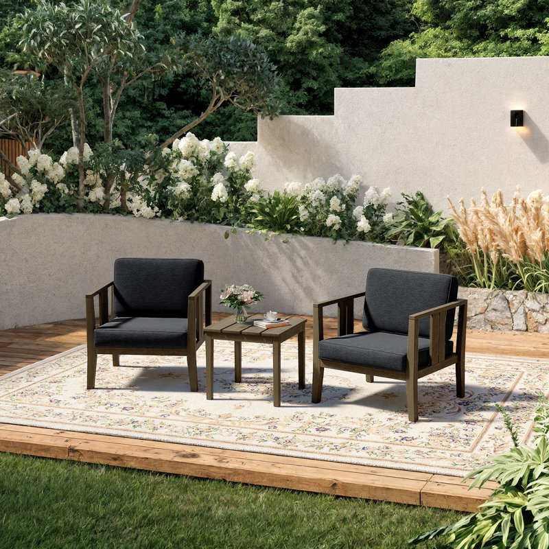 Polett Teak Outdoor Two-Person Patio Set With Cushions And Side Table, Brown, Dark Gray