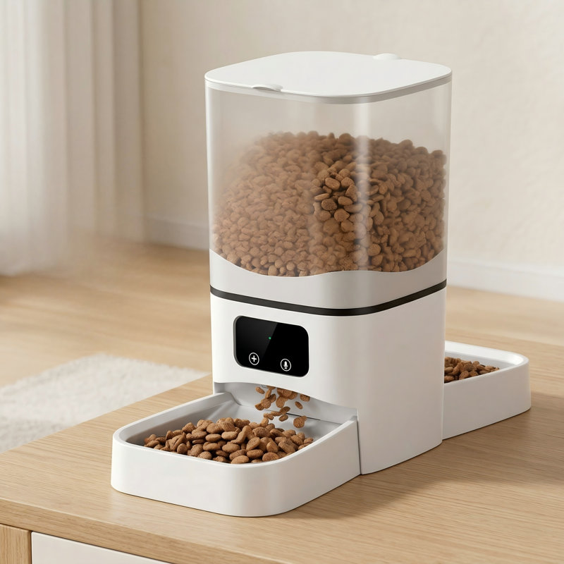 Mangeoire pour deux chats, distributeur de croquettes de grande capacité de 6 L avec deux bols en acier inoxydable, contrôle de l'application WiFi 2,4 G pour la livraison de nourriture sèche programmée, prend en charge plusieurs animaux de compagnie, deux sources d'alimentation, enregistrement de la voix de 10 secondes