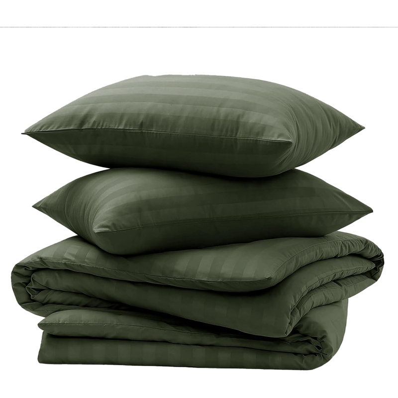 Microfiber Striped Duvet Cover Set with Pillowcases, Olive Green, Double Duvet Cover 2 Pillowcases