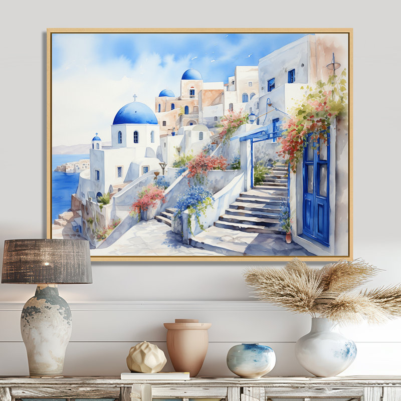 «Blue and White Santorini Village I», art mural Grèce, Cadre flottant brun, H 12 po x l 20 po x P 1 po