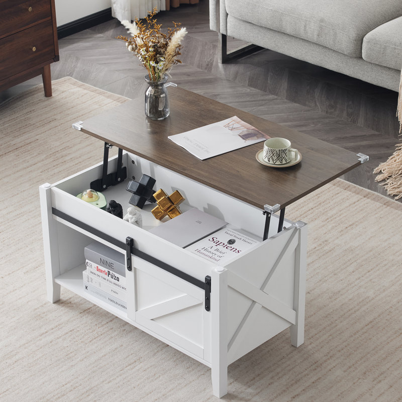 Table basse avec plateau relevable et rangement, Blanc, Bois brun foncé