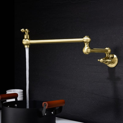 Wall Mounted Pot Filler Faucet In Gold Brass, Arm For Convenient Access And Use, Double Handles To Control Water Flow Effectively, Corrosion Surface Maintenance Technique, Peaceful Aerator Easy