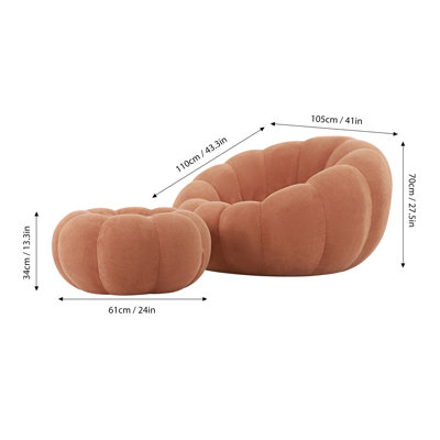 Bean Bag Chair Lounger Fireside Chair, Lounge Chair Indoor with Ottoman, Pumpkin Shape Lounge Reading Chair for Bedroom, Living Room, Office