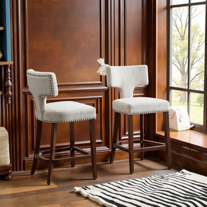 Ensemble de tabourets de bar Farmhouse Linen - Tête de clou en cuivre et structure en bois d'hévéa massif, Beige