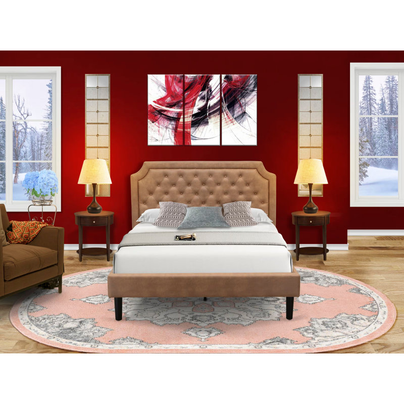 3-Pc Platform Queen Bed Set with Button Tufted Bedframe and 2 Antique Mahogany Mid Century Modern Nightstands - Brown faux Leather with Brown Texture and Black Legs