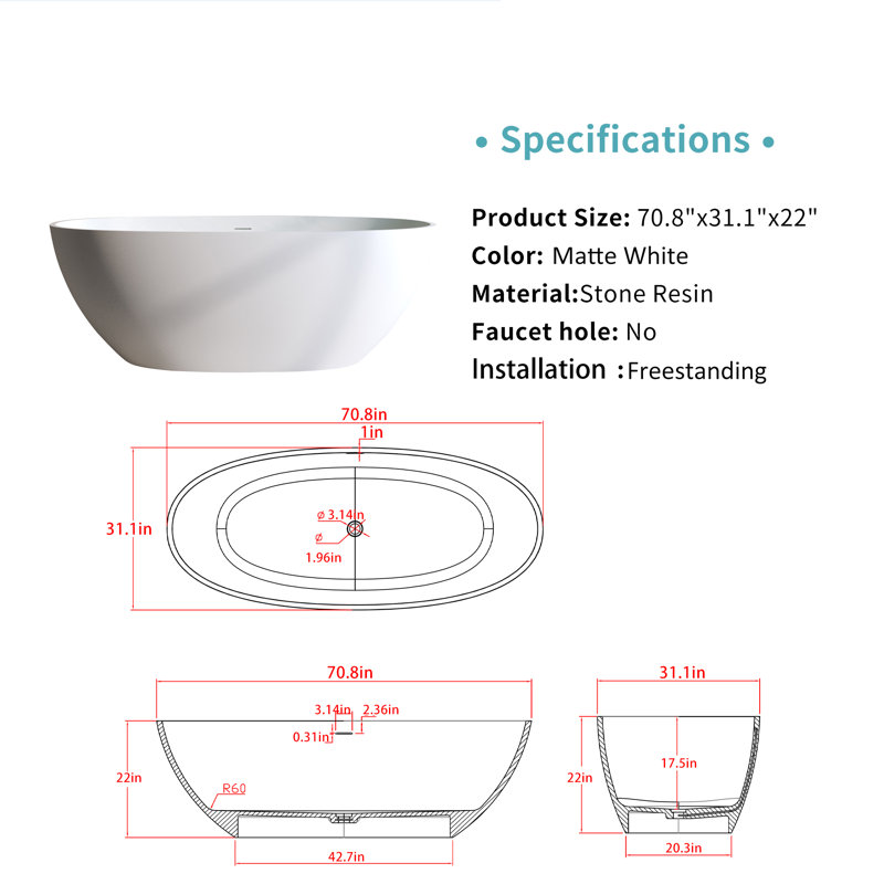 Baignoire de trempage à surface solide de 70,8 po x 31,1 po, baignoire autoportante en résine de pierre, baignoires à rebord épais avec trop-plein, bonde escamotable