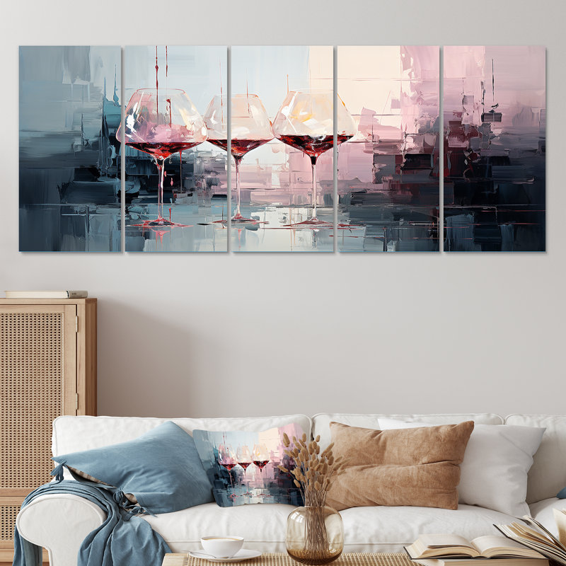 «Wine Glasses Deep Collage - Wine», ensemble d'art mural 5 pièces, H 32 po x l 80 po