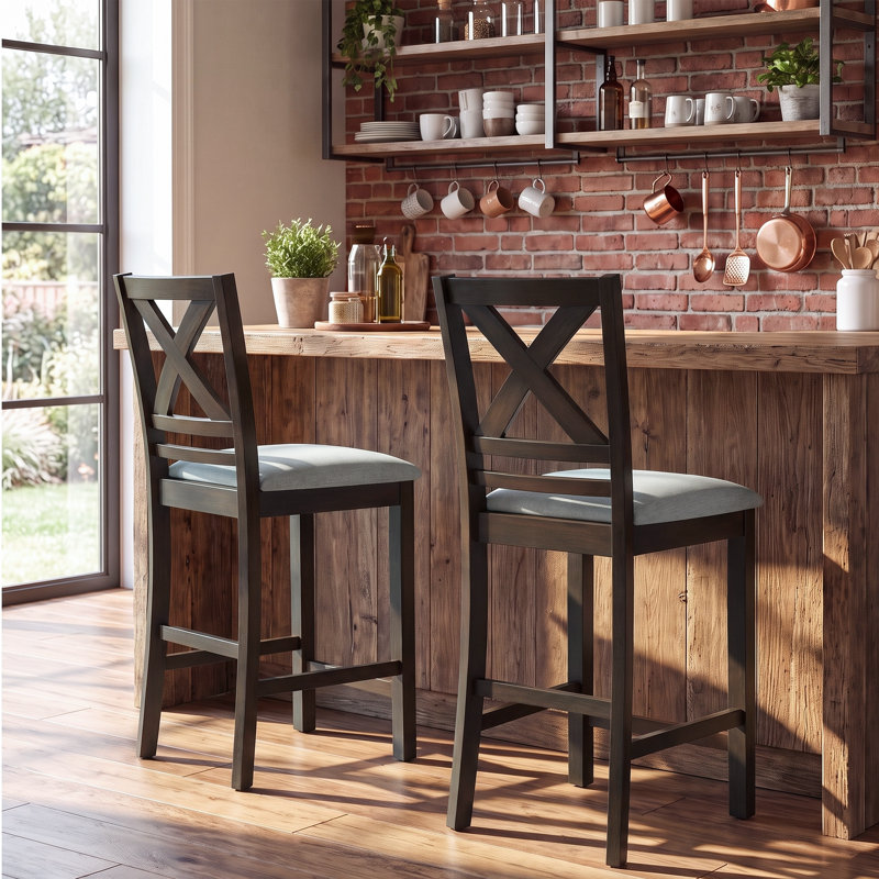 Tabouret de bar rembourré de 26 po en bois massif, Gris, Gris foncé