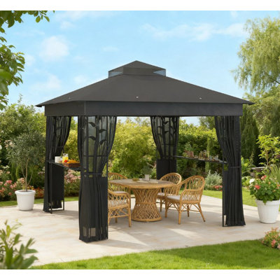 Pavillon de jardin à double toit, pavillon d'extérieur avec tablettes et filets, pour pelouse, cour et terrasse
